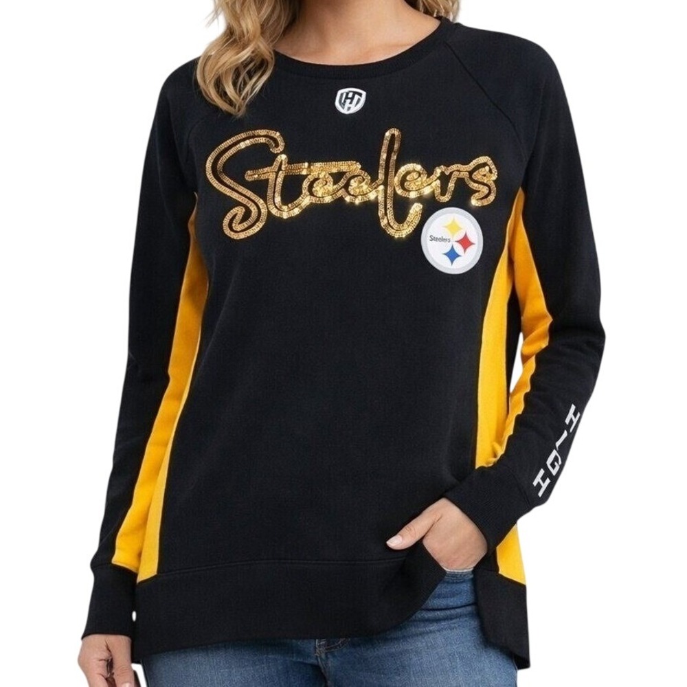 Hands High Steelers Sweatshirt Womens‎ Medium Black Gold Sequin Colorblock NFL